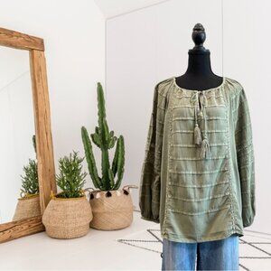 Sundance Sweet Revival Long Sleeve Pleated Lace Trim Tassel Top